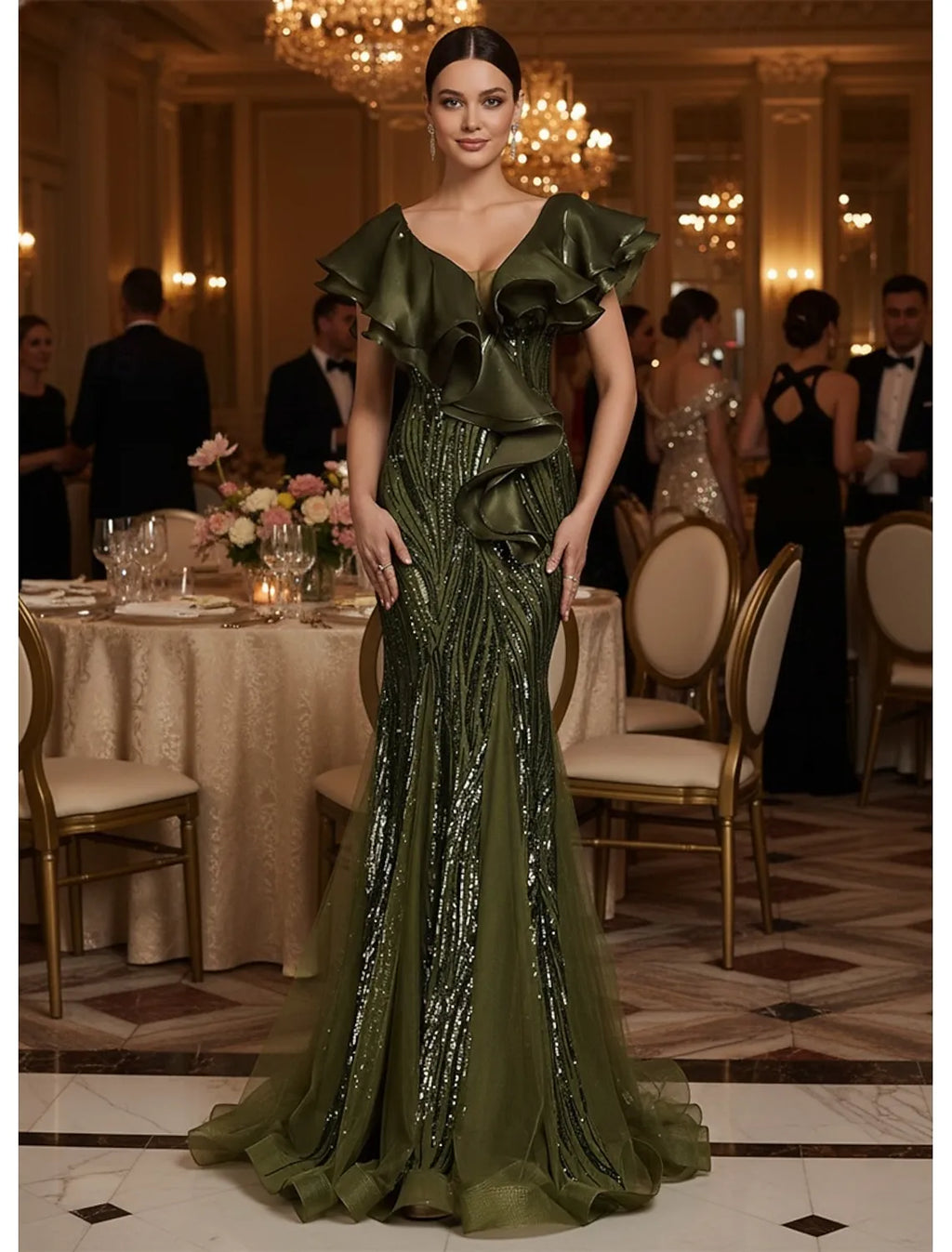 Green Mermaid V Neck Ruffle Olive Floor Length Evening Dress