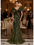 Green Mermaid V Neck Ruffle Olive Floor Length Evening Dress