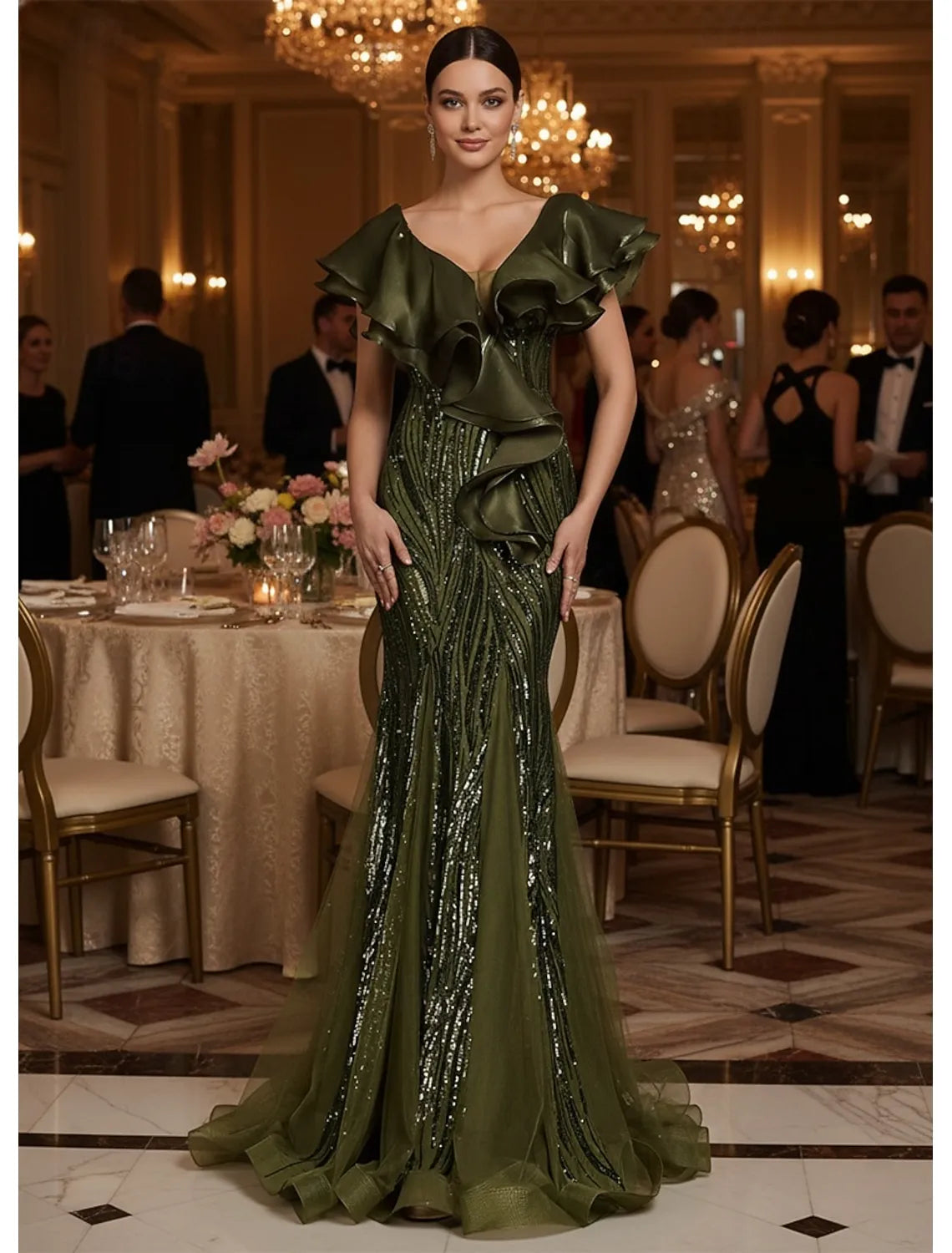 Green Mermaid V Neck Ruffle Olive Floor Length Evening Dress