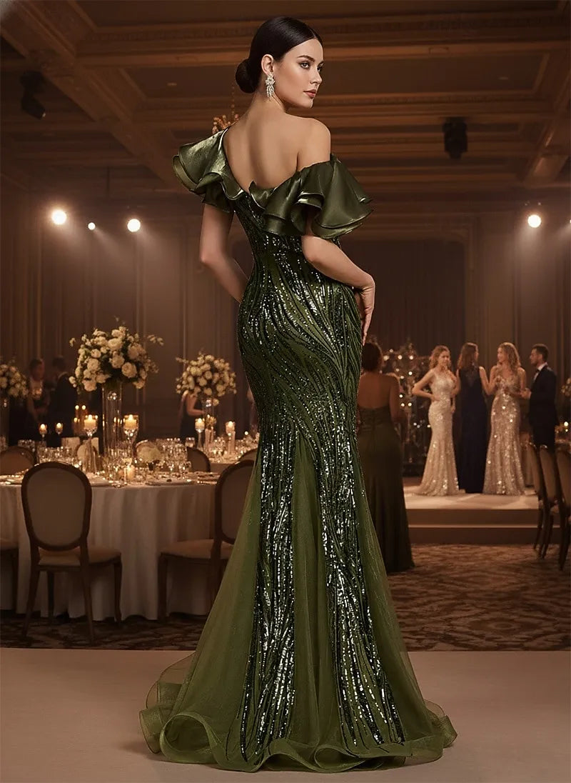 Green Mermaid V Neck Ruffle Olive Floor Length Evening Dress