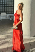 Red Mermaid One-Shoulder Open Back Floor Length Prom Dress