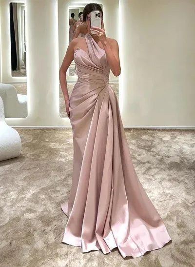 Mermaid One-Shoulder Ruched Blush Floor Length Prom Dress