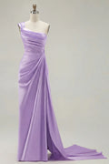 Lavender Mermaid One-Shoulder Ruched Long Prom Dress With Streamer