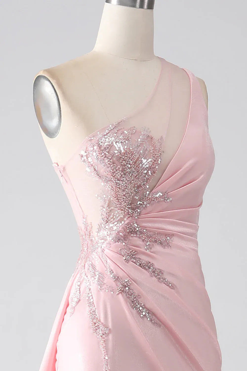Pink Mermaid One-Shoulder Ruched Sequins Beaded Maxi Prom Dress With Streamer