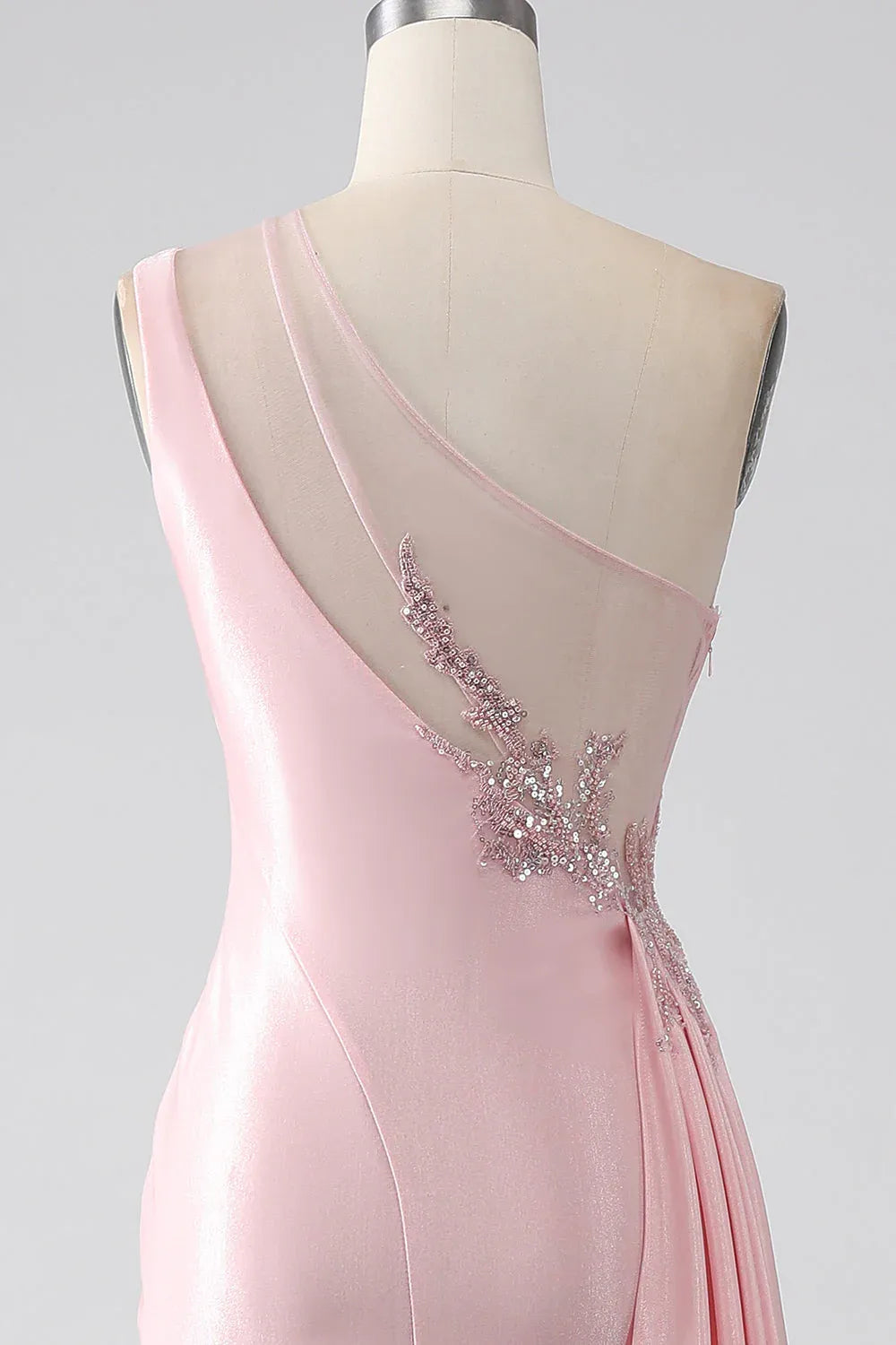 Pink Mermaid One-Shoulder Ruched Sequins Beaded Maxi Prom Dress With Streamer