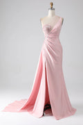 Pink Mermaid One-Shoulder Ruched Sequins Beaded Maxi Prom Dress With Streamer