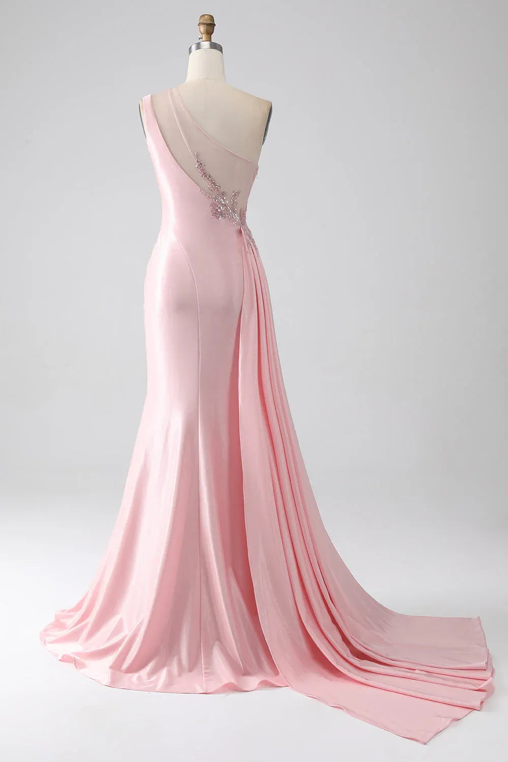 Pink Mermaid One-Shoulder Ruched Sequins Beaded Maxi Prom Dress With Streamer
