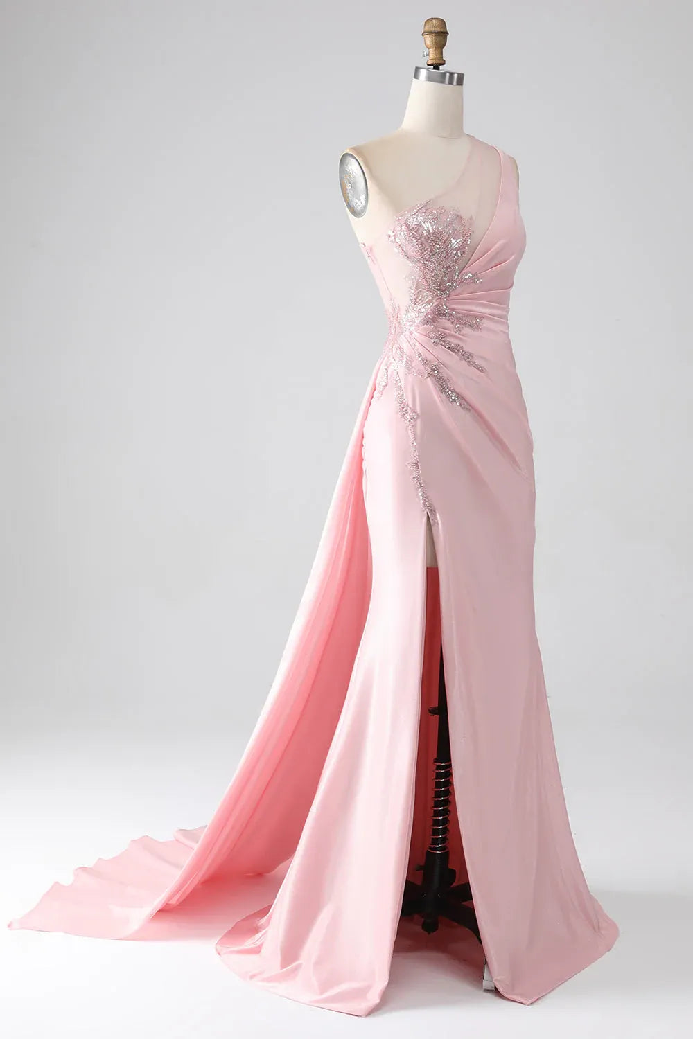 Pink Mermaid One-Shoulder Ruched Sequins Beaded Maxi Prom Dress With Streamer