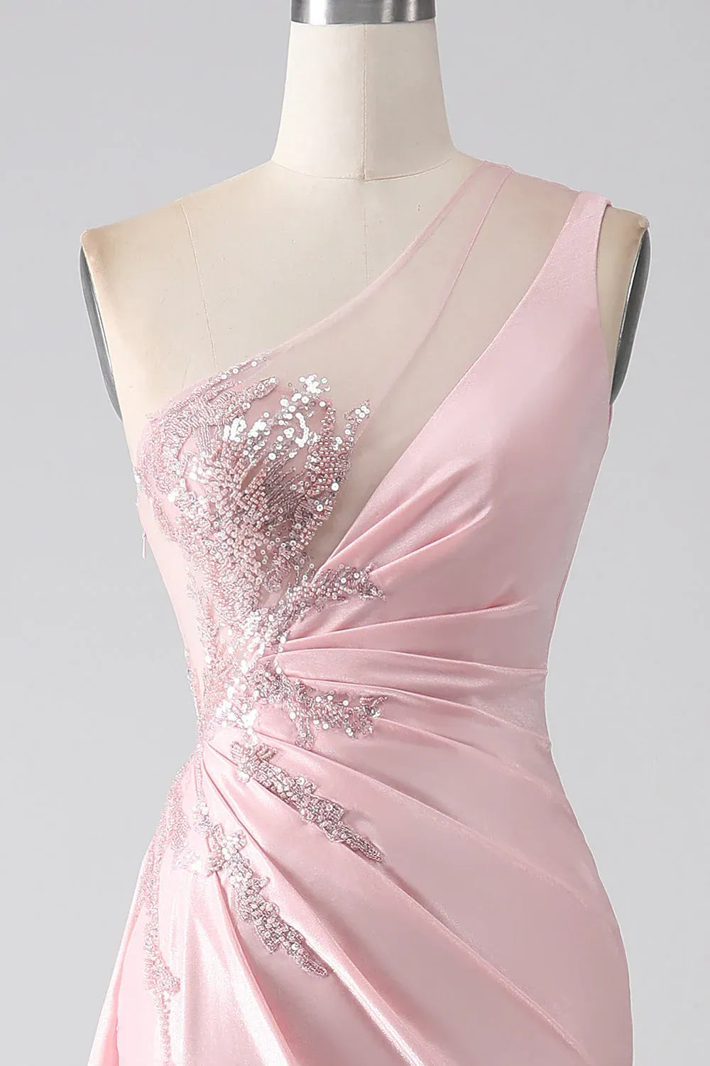 Pink Mermaid One-Shoulder Ruched Sequins Beaded Maxi Prom Dress With Streamer