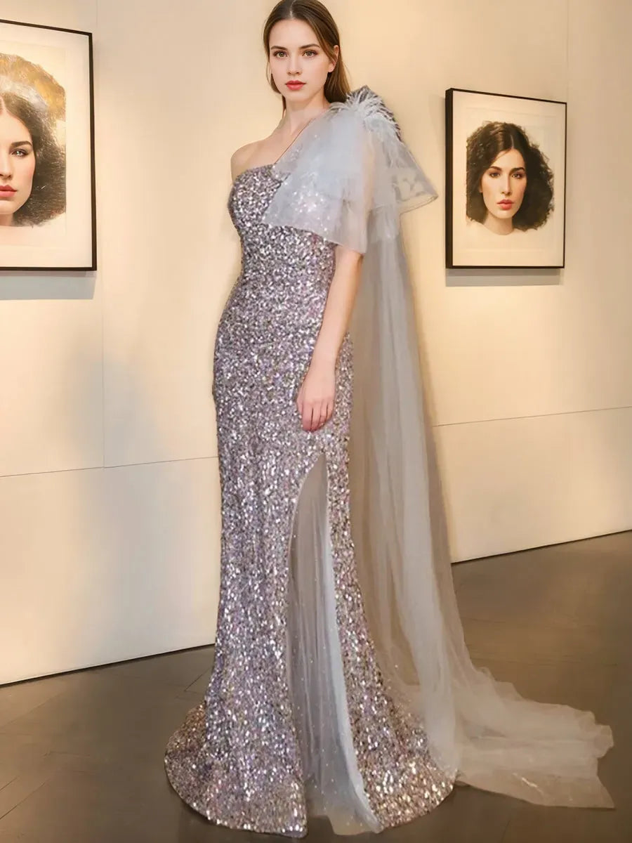 Mermaid One-Shoulder Sleeveless Evening Dresses with Feather