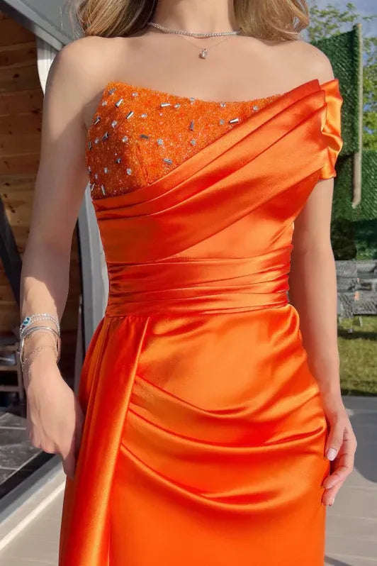 Orange Mermaid One Shoulder Beaded Pleated Train Prom Dress With Streamer