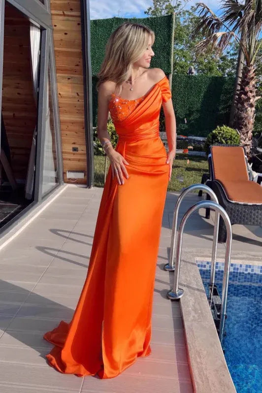 Orange Mermaid One Shoulder Beaded Pleated Train Prom Dress With Streamer