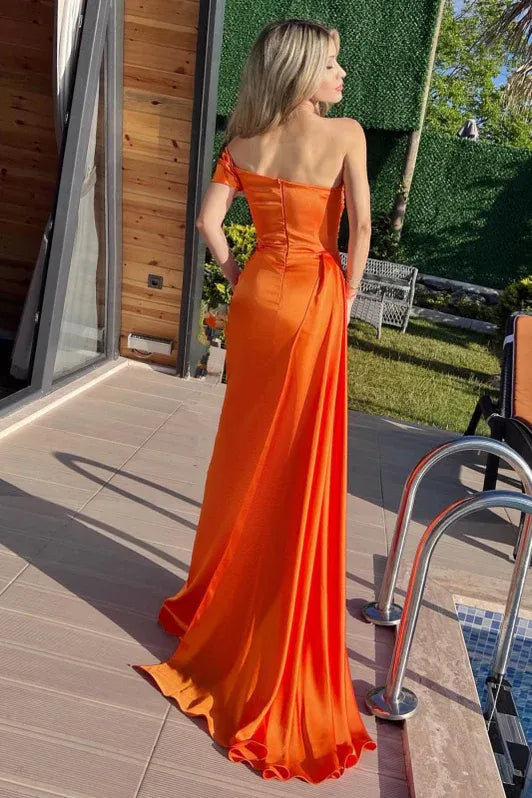 Orange Mermaid One Shoulder Beaded Pleated Train Prom Dress With Streamer