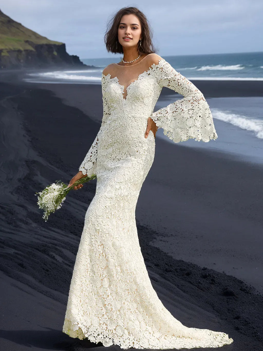 Mermaid Scoop Neck Long Sleeves Floor-length Wedding Dress with Appliques