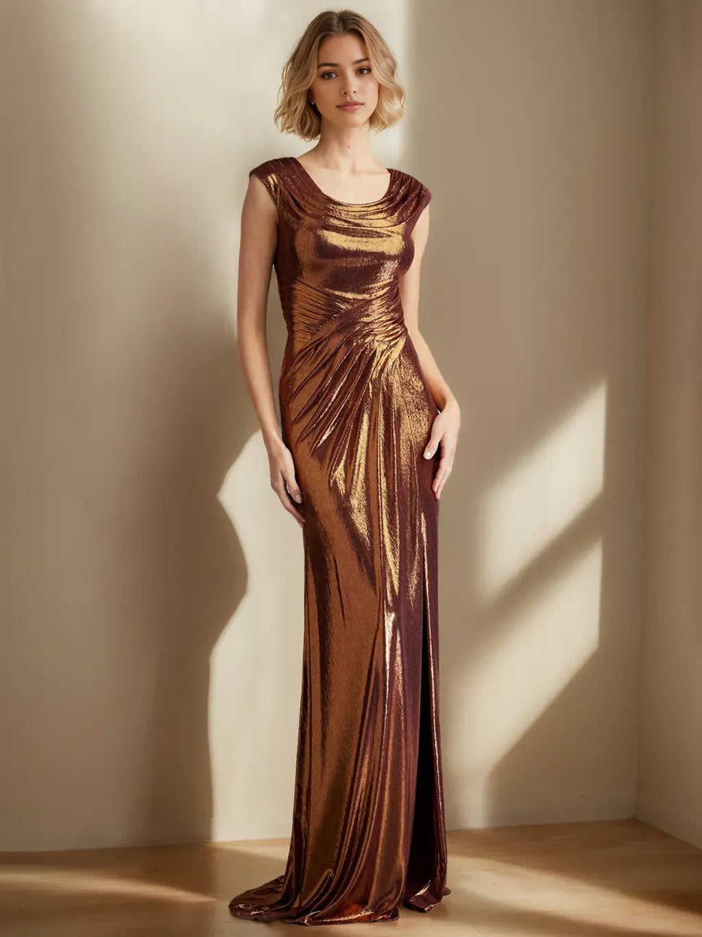 Mermaid Scoop Neck Sleeveless Floor-Length Mother of the Bride long Dresses with Ruffles Split Side