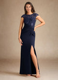 Navy Mermaid Sequins Trendy Dark Mother of the Bride Dress with Sheer Bodice Cap Sleeves Ruched Waist and Side Slit