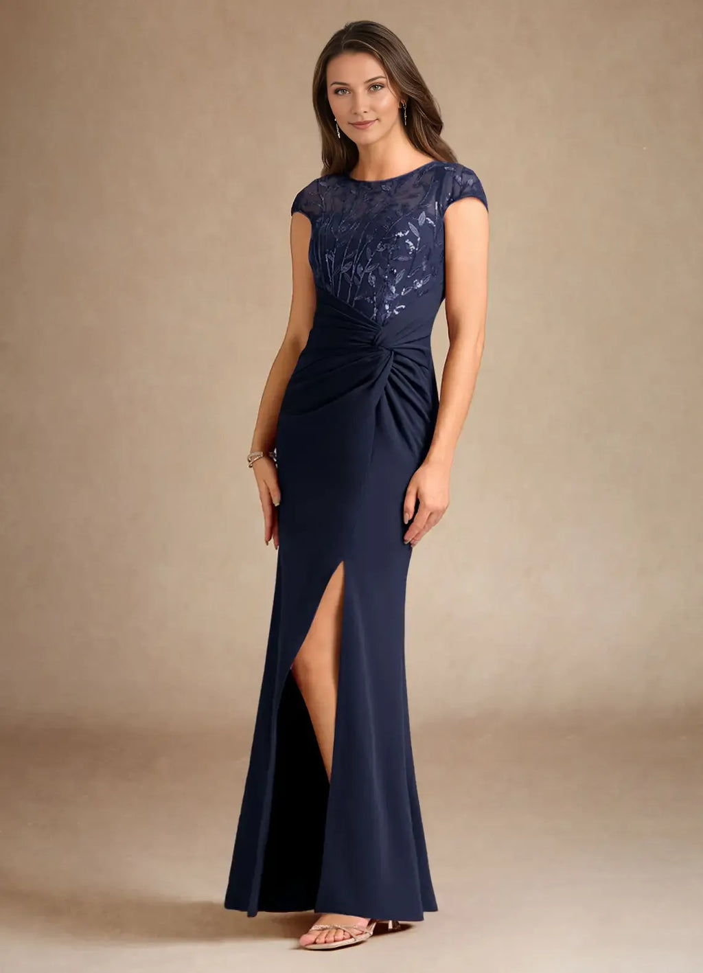 Navy Mermaid Sequins Trendy Dark Mother of the Bride Dress with Sheer Bodice Cap Sleeves Ruched Waist and Side Slit