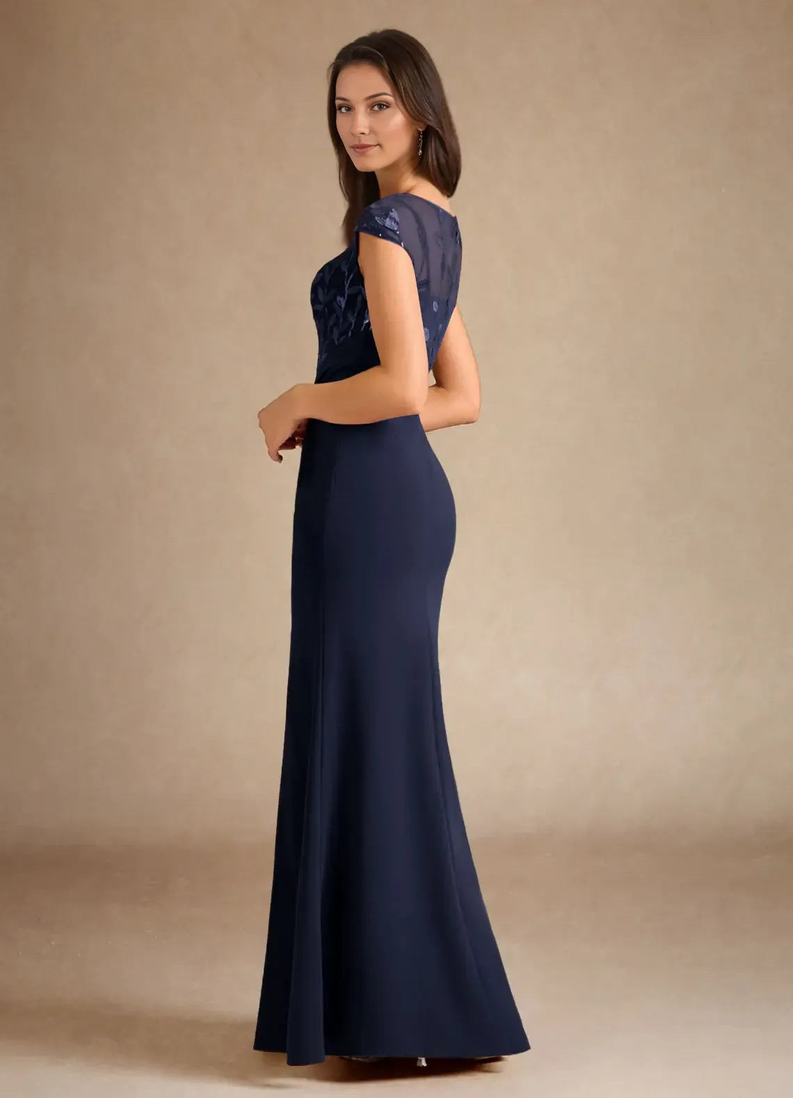 Navy Mermaid Sequins Trendy Dark Mother of the Bride Dress with Sheer Bodice Cap Sleeves Ruched Waist and Side Slit