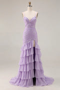 Lilac Mermaid Spaghetti Strap Appliqued Tie Ruffle Lilac Maxi Prom Dress With Slit
