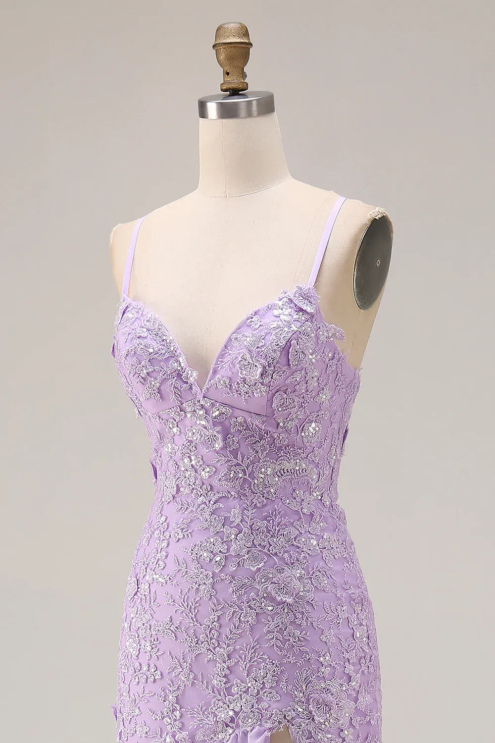 Lilac Mermaid Spaghetti Strap Appliqued Tie Ruffle Lilac Maxi Prom Dress With Slit