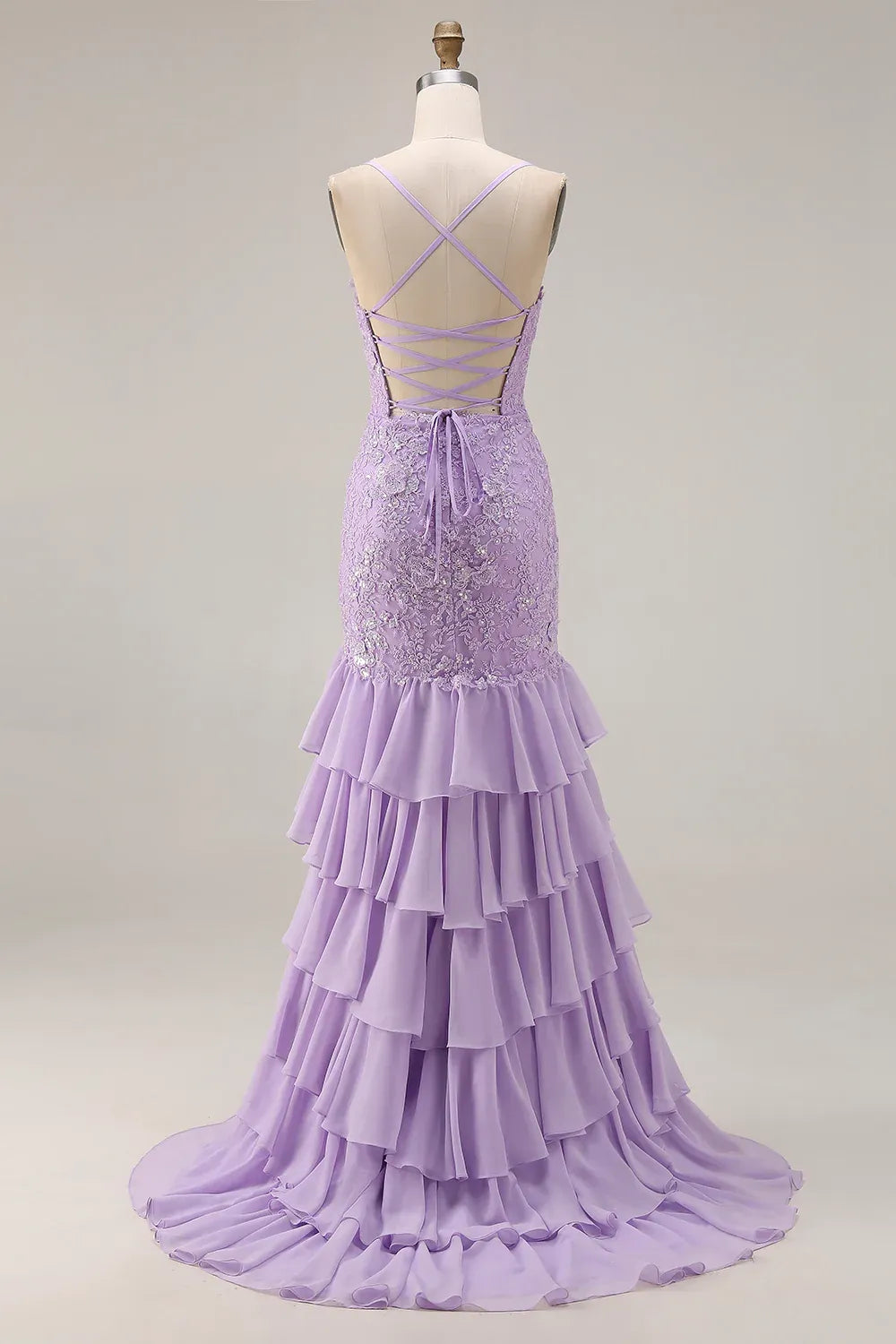 Lilac Mermaid Spaghetti Strap Appliqued Tie Ruffle Lilac Maxi Prom Dress With Slit
