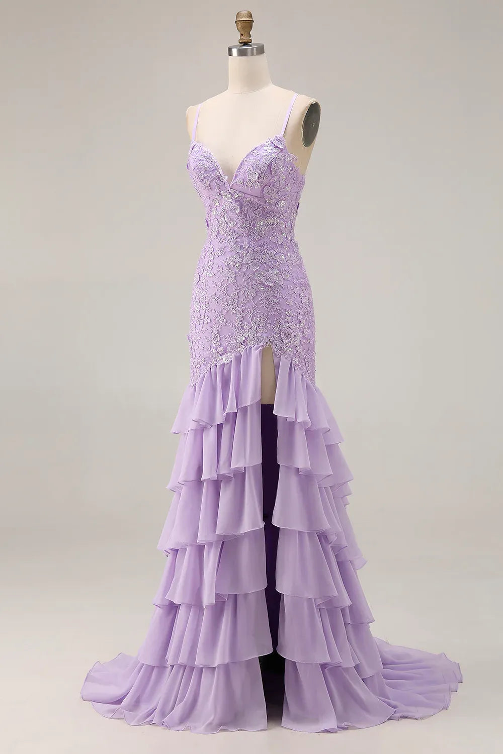 Lilac Mermaid Spaghetti Strap Appliqued Tie Ruffle Lilac Maxi Prom Dress With Slit