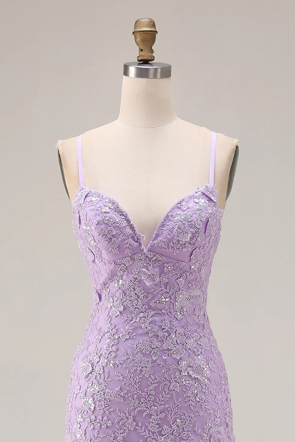 Lilac Mermaid Spaghetti Strap Appliqued Tie Ruffle Lilac Maxi Prom Dress With Slit