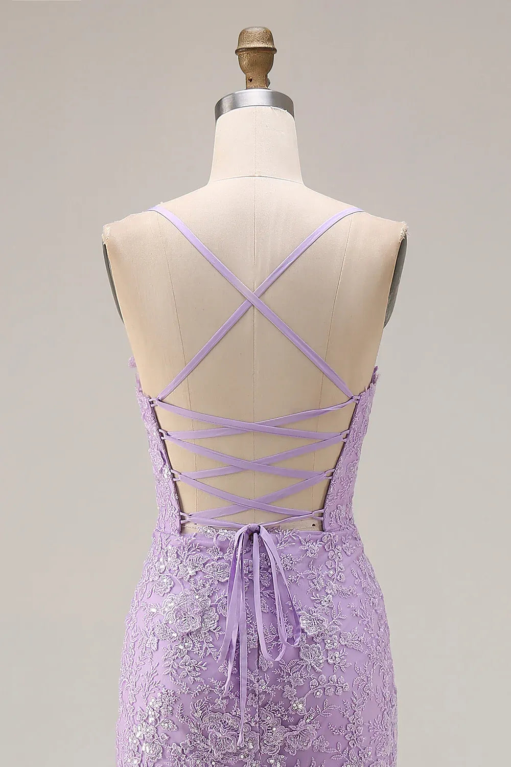 Lilac Mermaid Spaghetti Strap Appliqued Tie Ruffle Lilac Maxi Prom Dress With Slit