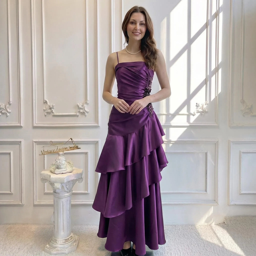 Purple Mermaid Spaghetti Strap Beaded Applique Tie Ruffle Purple Lomg Prom Dress