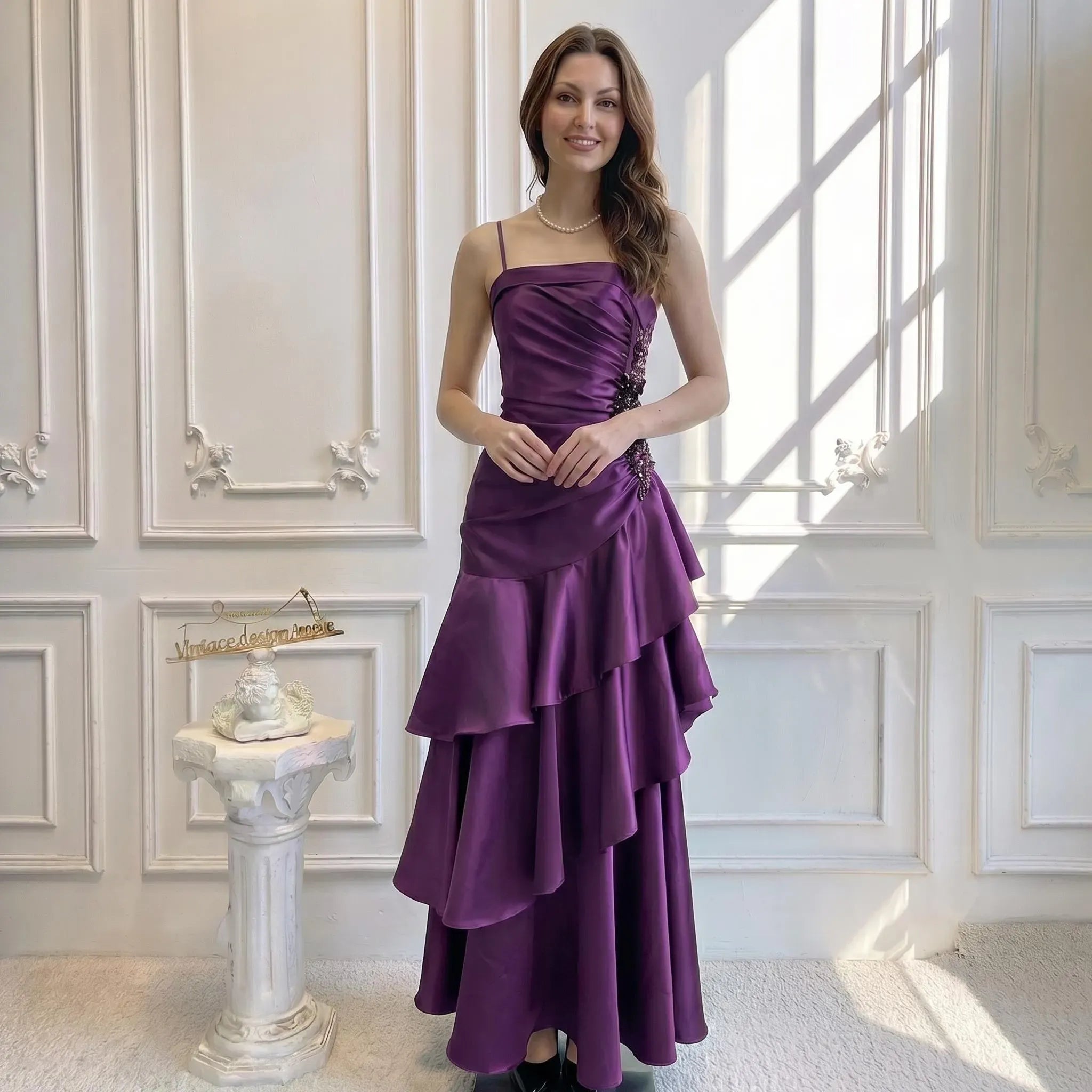 Purple Mermaid Spaghetti Strap Beaded Applique Tie Ruffle Purple Lomg Prom Dress