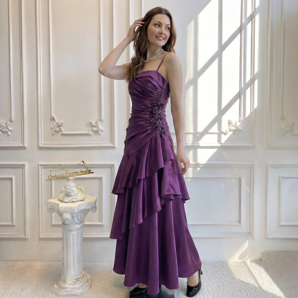 Purple Mermaid Spaghetti Strap Beaded Applique Tie Ruffle Purple Lomg Prom Dress