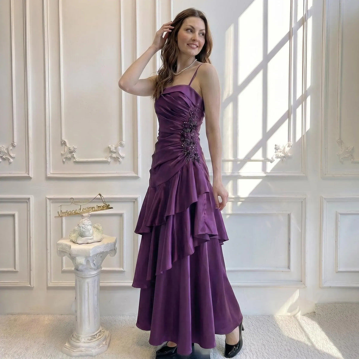 Purple Mermaid Spaghetti Strap Beaded Applique Tie Ruffle Purple Lomg Prom Dress