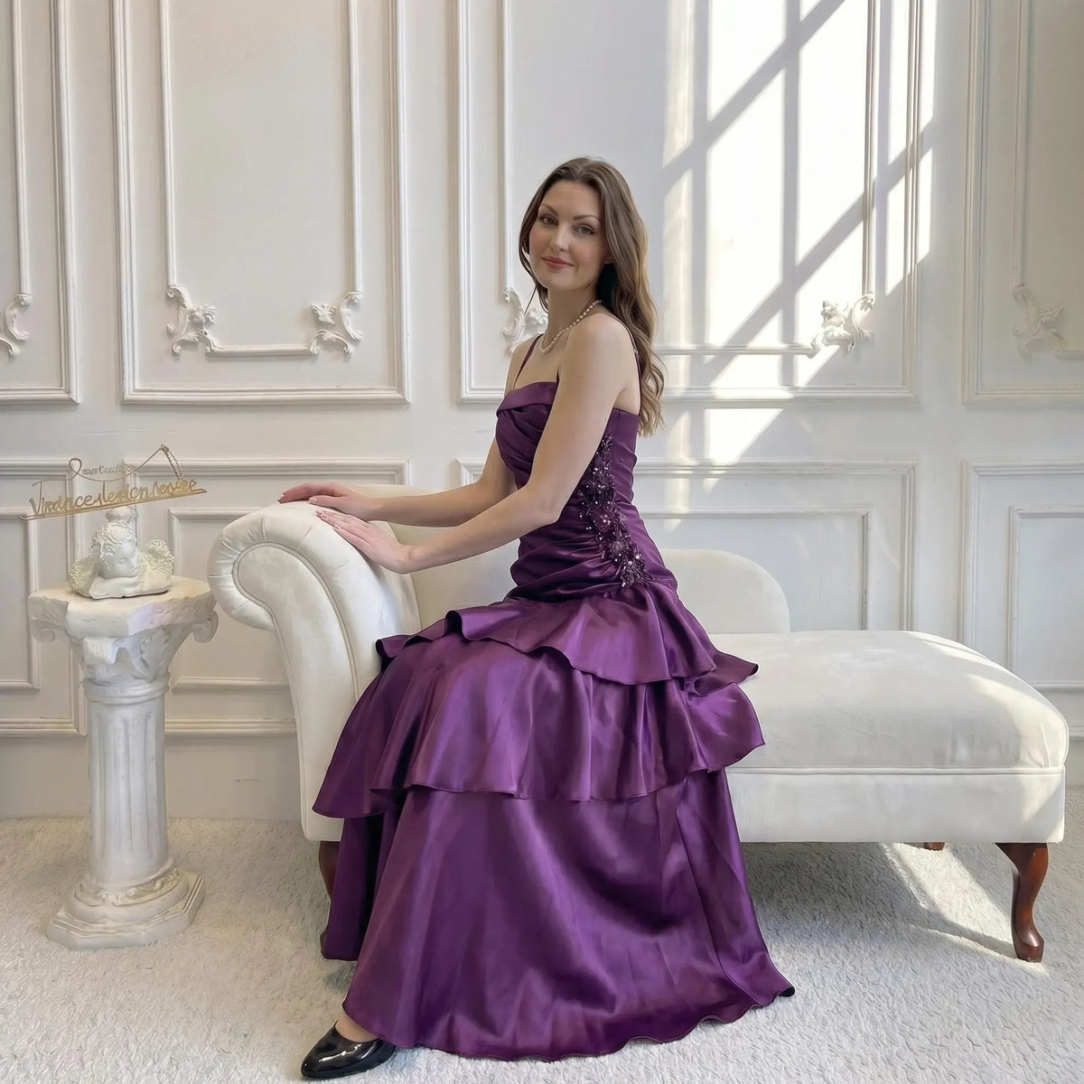 Purple Mermaid Spaghetti Strap Beaded Applique Tie Ruffle Purple Lomg Prom Dress