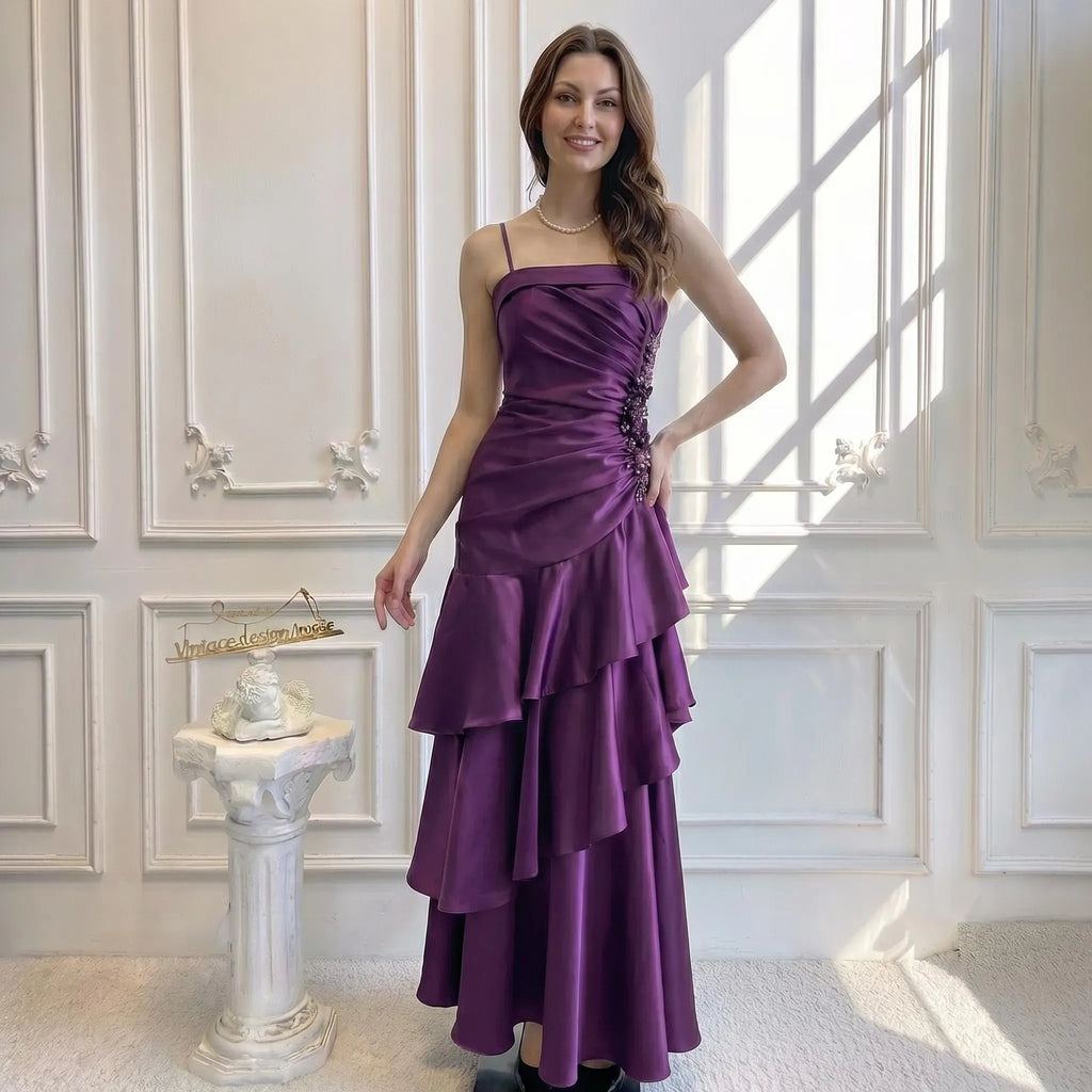 Purple Mermaid Spaghetti Strap Beaded Applique Tie Ruffle Purple Lomg Prom Dress