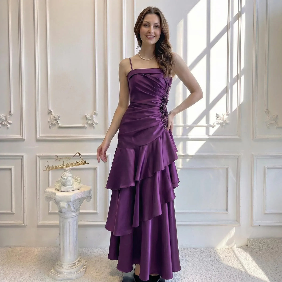Purple Mermaid Spaghetti Strap Beaded Applique Tie Ruffle Purple Lomg Prom Dress