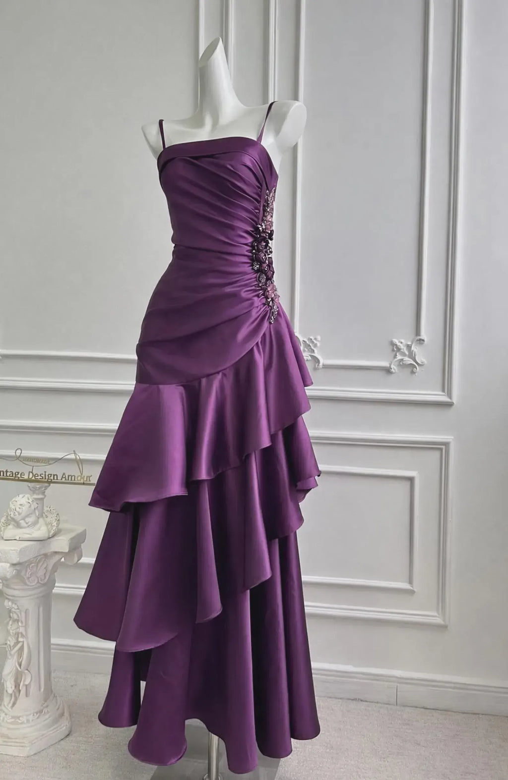 Purple Mermaid Spaghetti Strap Beaded Applique Tie Ruffle Purple Lomg Prom Dress
