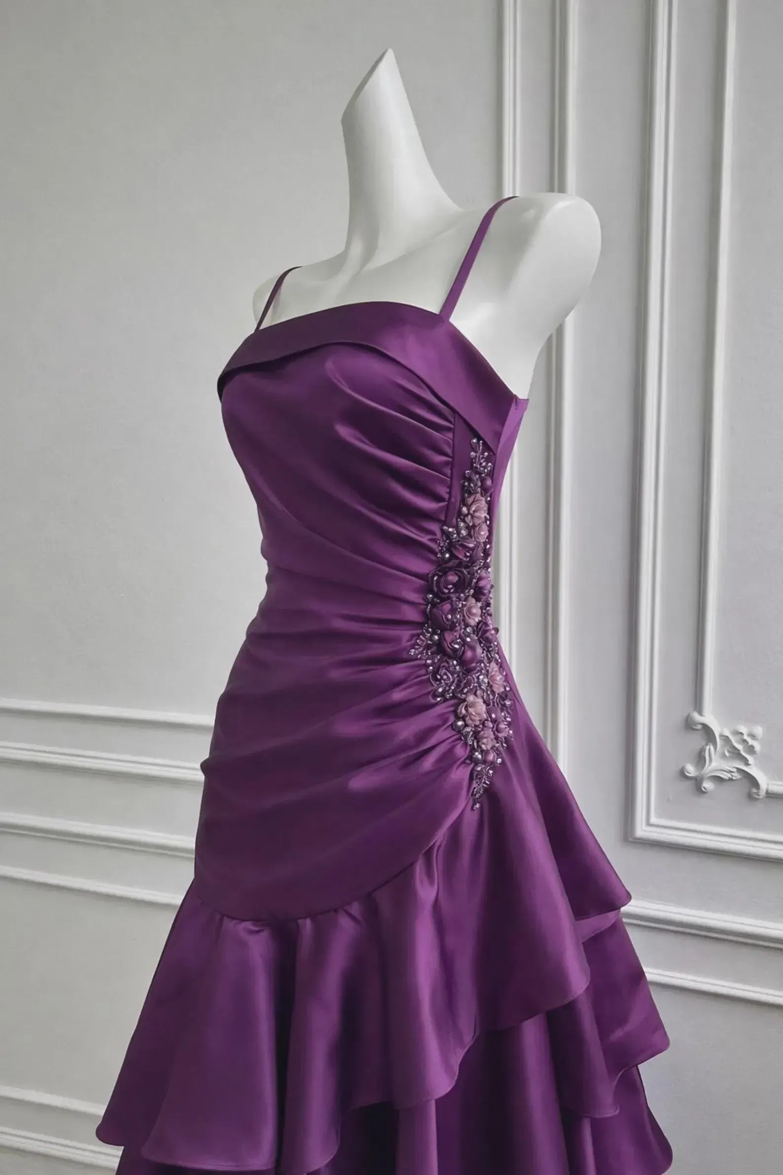 Purple Mermaid Spaghetti Strap Beaded Applique Tie Ruffle Purple Lomg Prom Dress