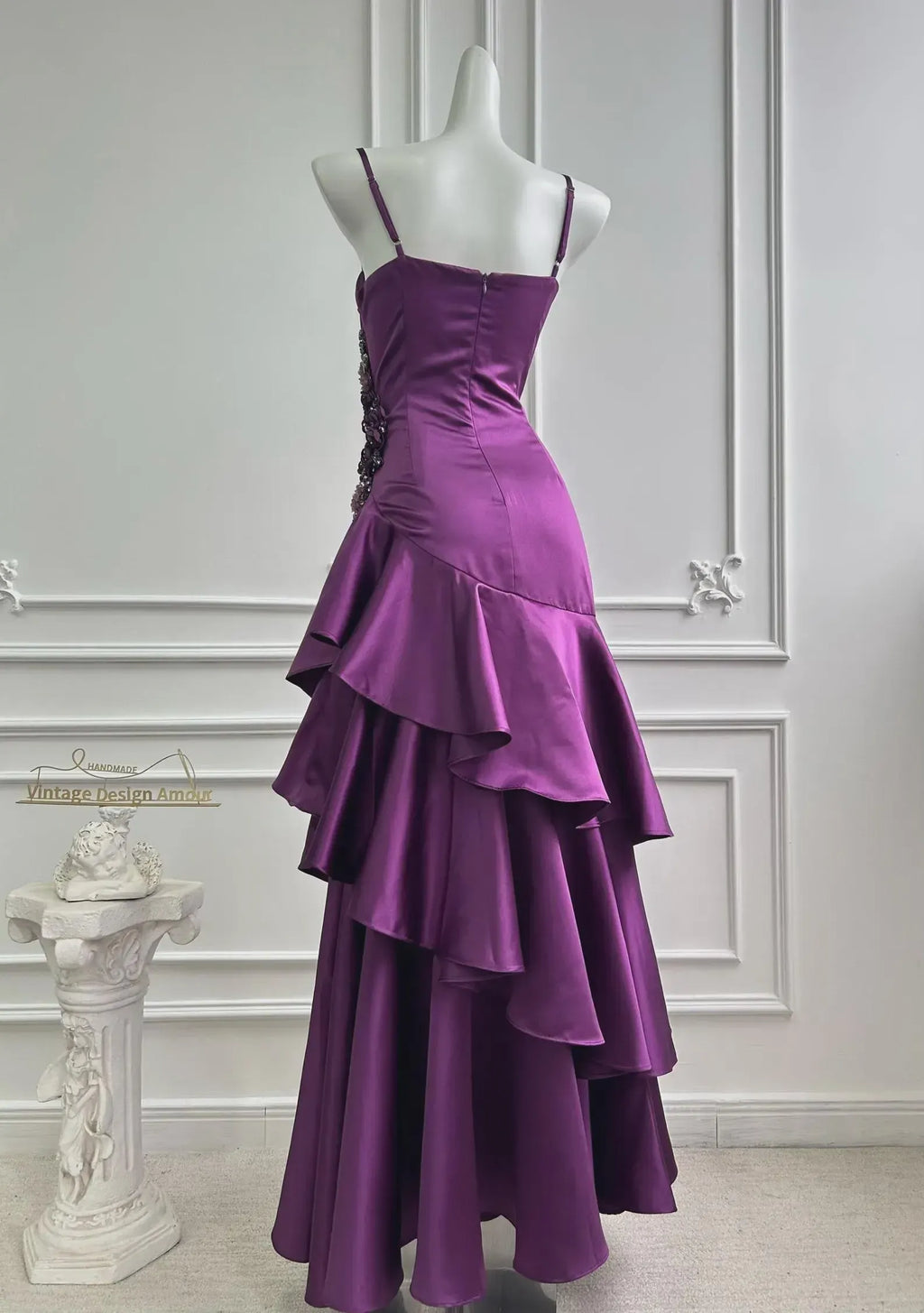 Purple Mermaid Spaghetti Strap Beaded Applique Tie Ruffle Purple Lomg Prom Dress