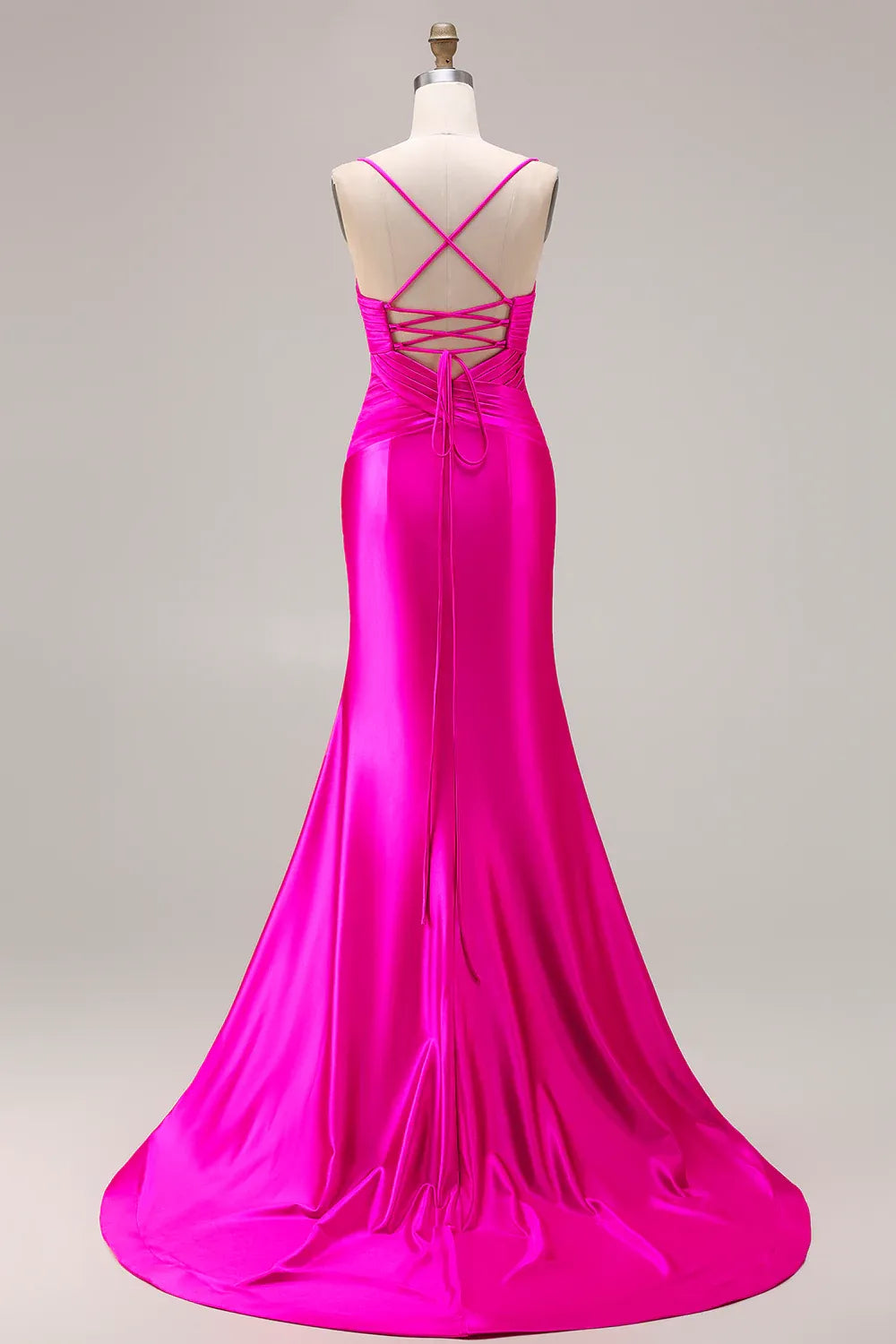 Mermaid Spaghetti Strap Bow Cut Out Ruched Fuchsia Long Prom Dress