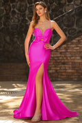 Mermaid Spaghetti Strap Bow Cut Out Ruched Fuchsia Long Prom Dress