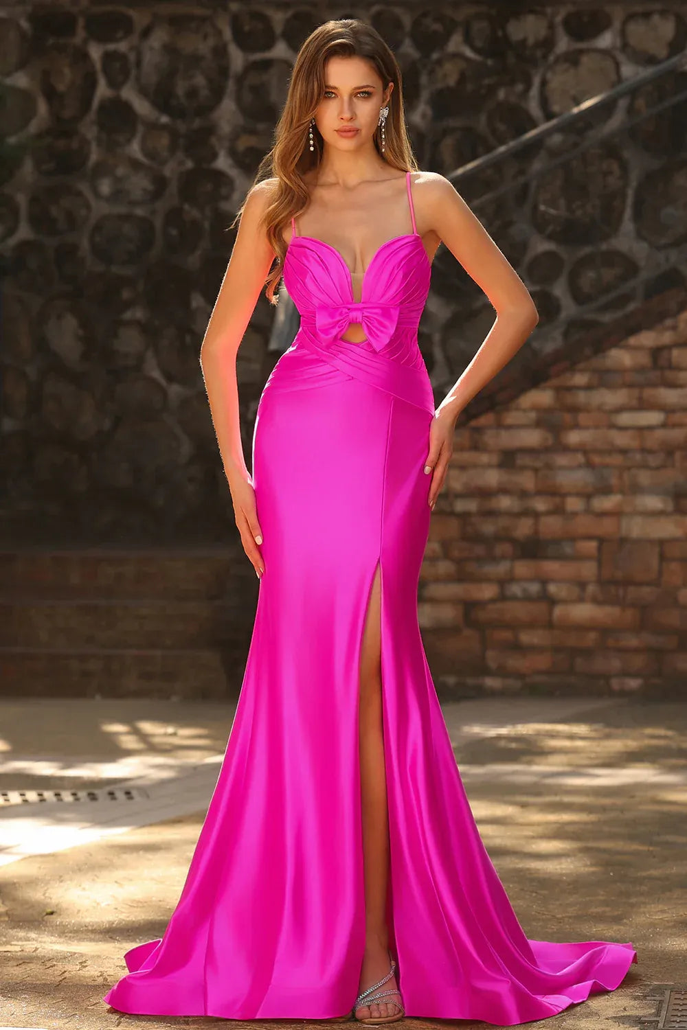 Mermaid Spaghetti Strap Bow Cut Out Ruched Fuchsia Long Prom Dress