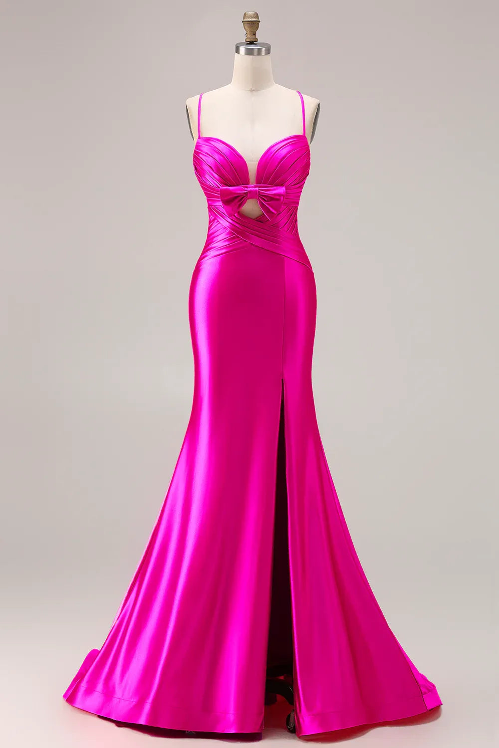 Mermaid Spaghetti Strap Bow Cut Out Ruched Fuchsia Long Prom Dress