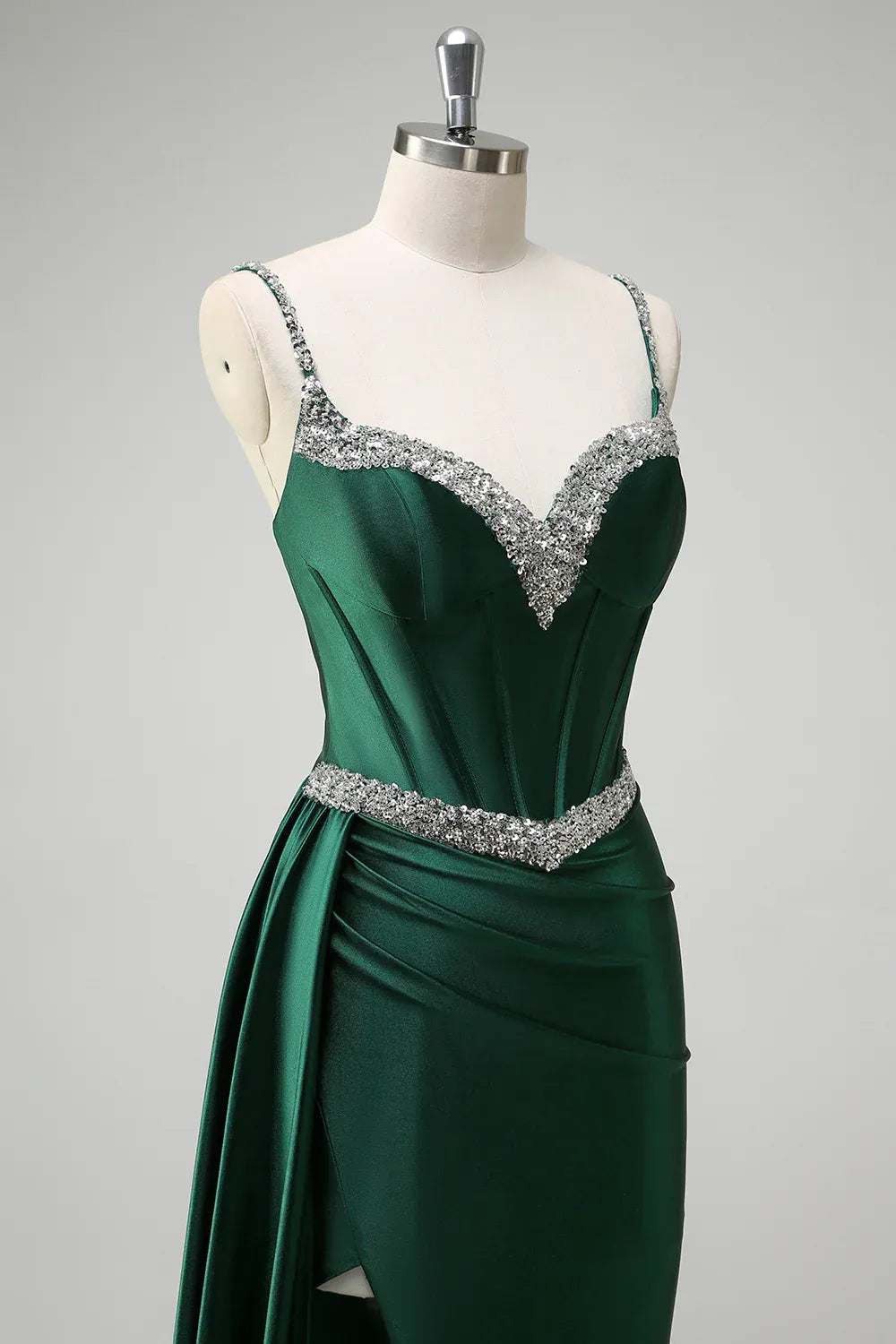Mermaid Spaghetti Strap Corset Beaded Emerald Maxi Prom Dress With Streamer