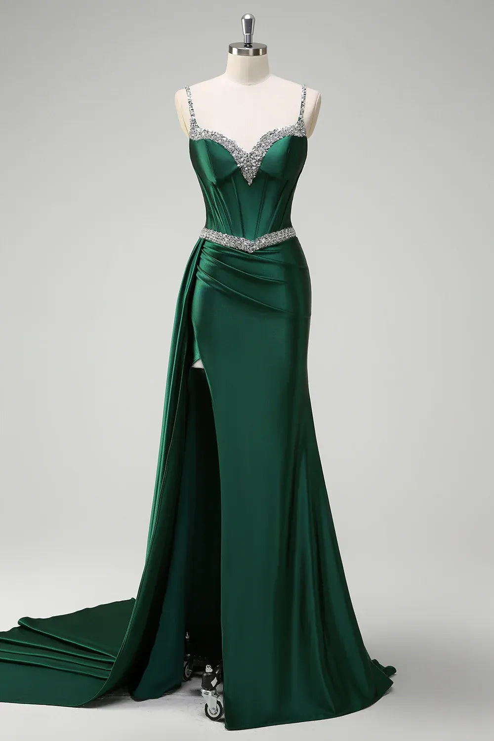 Mermaid Spaghetti Strap Corset Beaded Emerald Maxi Prom Dress With Streamer