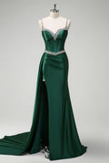 Mermaid Spaghetti Strap Corset Beaded Emerald Maxi Prom Dress With Streamer