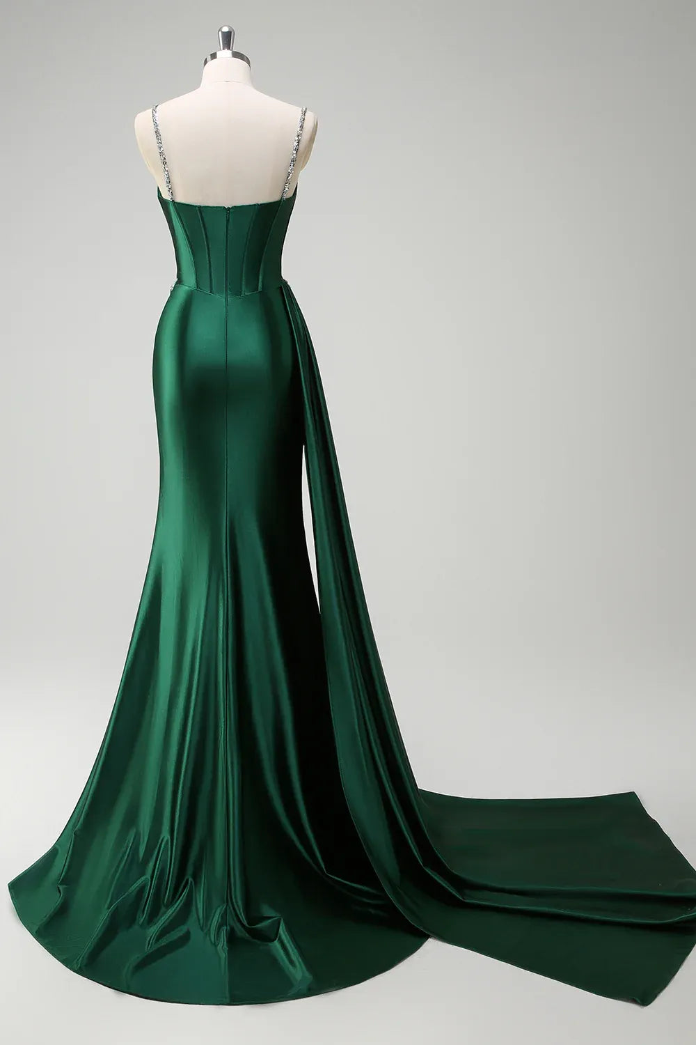 Mermaid Spaghetti Strap Corset Beaded Emerald Maxi Prom Dress With Streamer