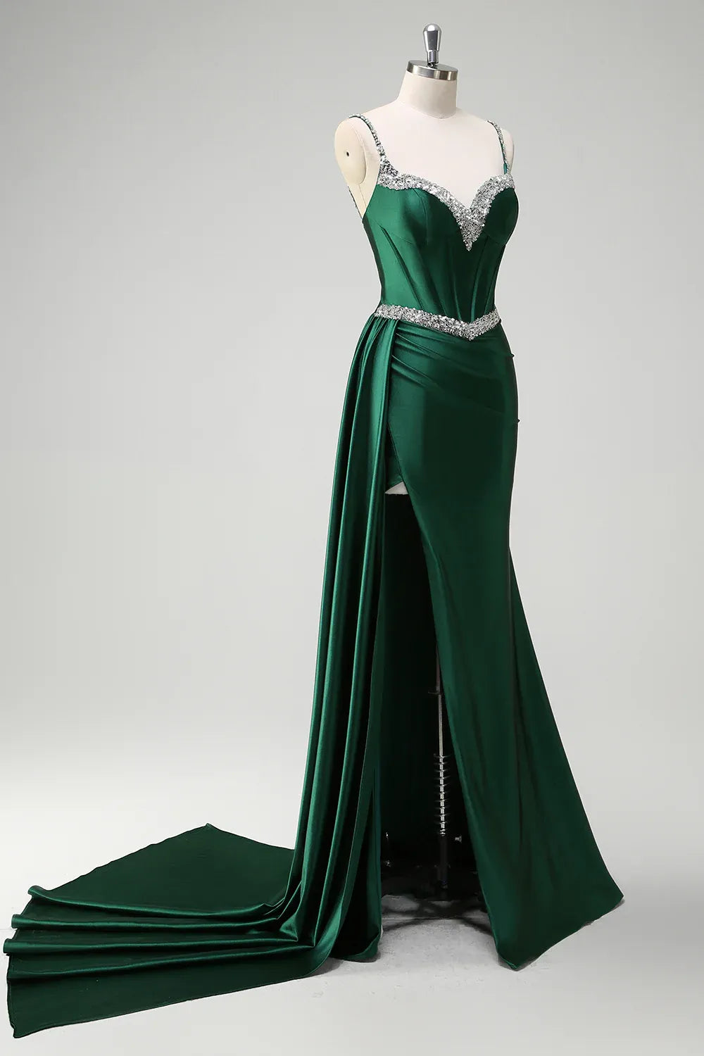 Mermaid Spaghetti Strap Corset Beaded Emerald Maxi Prom Dress With Streamer