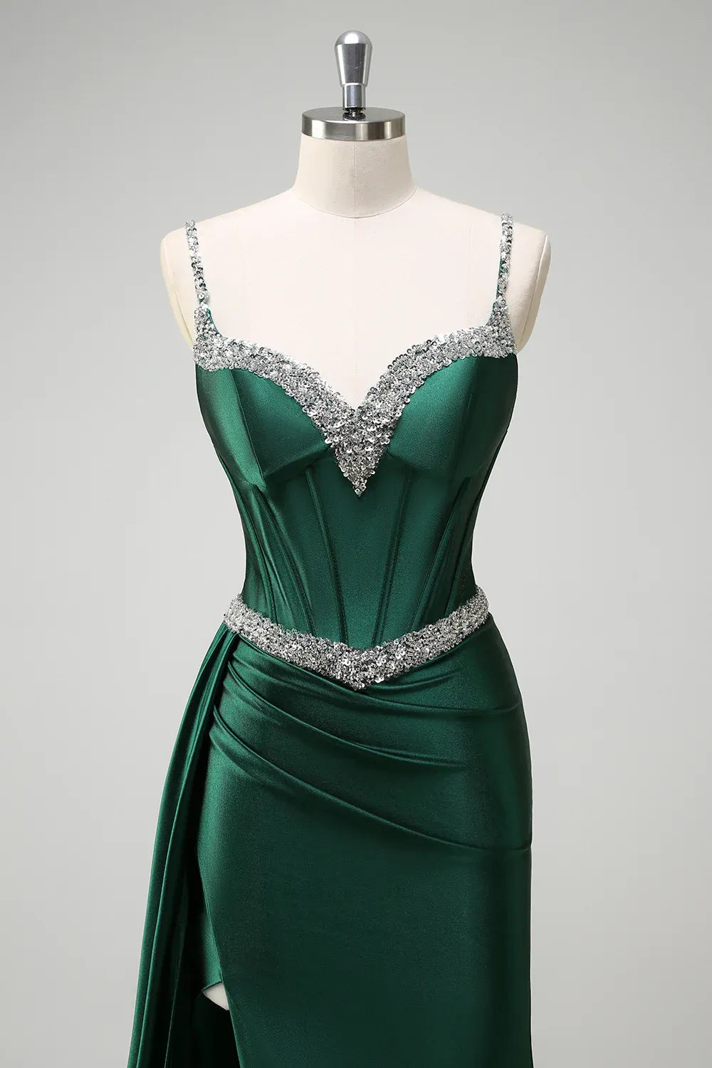 Mermaid Spaghetti Strap Corset Beaded Emerald Maxi Prom Dress With Streamer