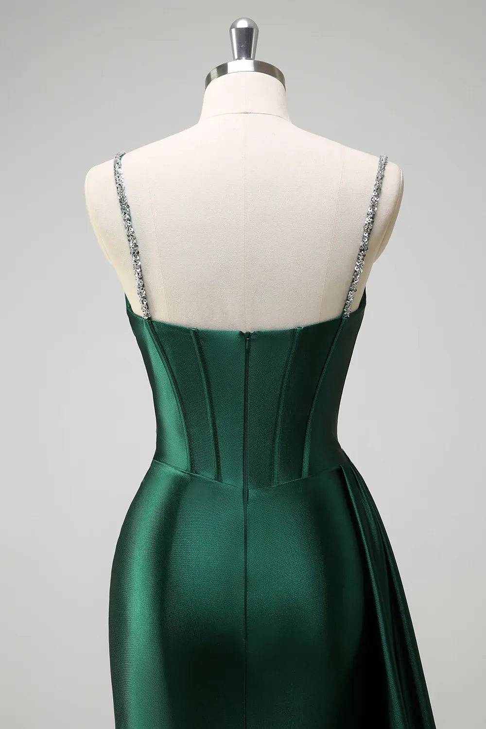 Mermaid Spaghetti Strap Corset Beaded Emerald Maxi Prom Dress With Streamer