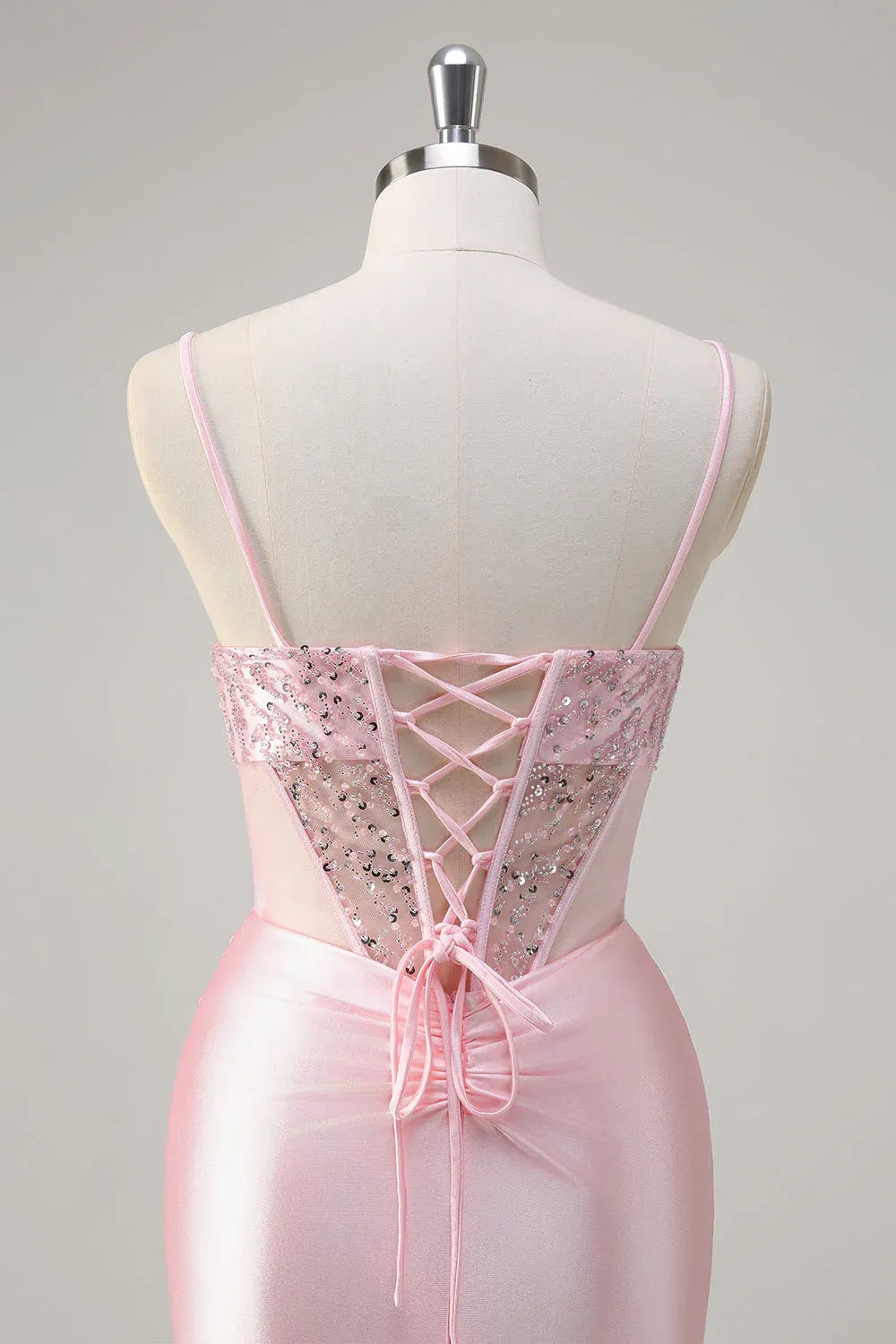 Pink Mermaid Spaghetti Strap Corset Ruched Beaded Maxi Prom Dress